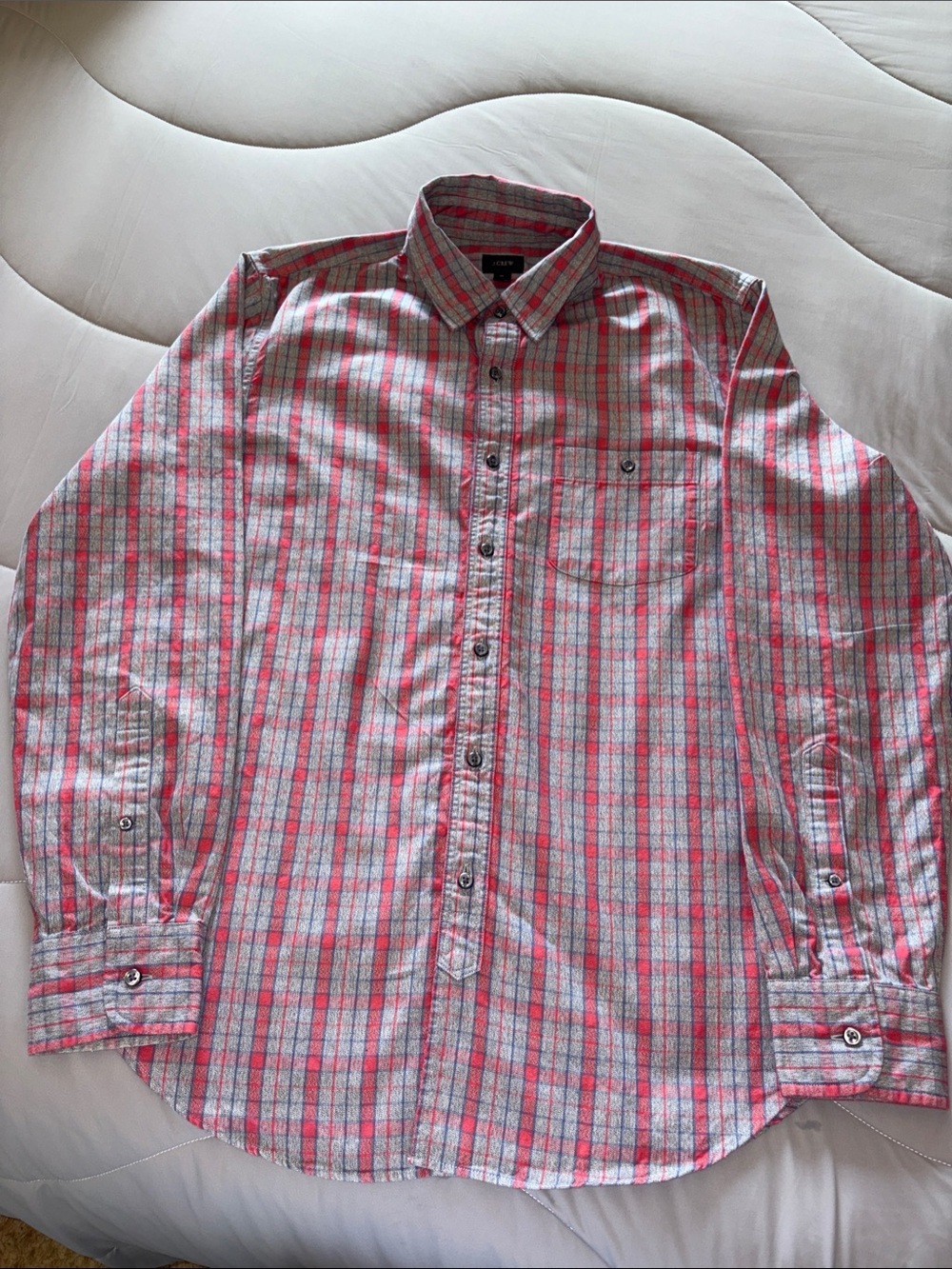 J. Crew Men's Red and Gray Plaid Button-Down Shirt EUC M